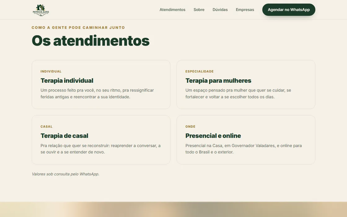 Página de atendimentos do site da Casa da Terapia Integrativa